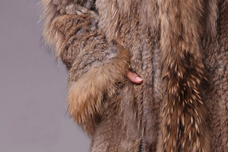 HARPPIHOP мех женское вязаное пальто из натурального кроличьего меха/куртка/верхняя одежда с капюшоном женский длинный пояс с кисточками