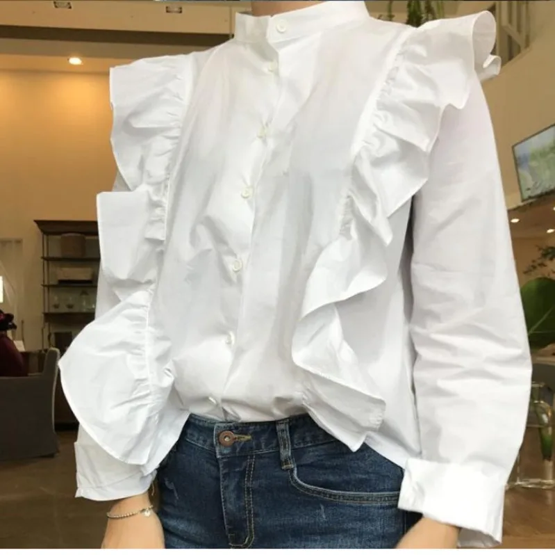 

[EWQ] 2019 Summer New Stand Collar Solid Color Puff Sleeves Fashion Casual Women Shirt Loose Wild Ruffles Women Blouse QJ90500