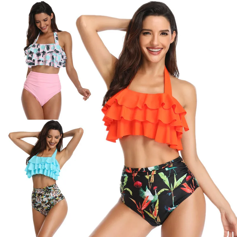 

2019 Sexy Bikini Set High Waist Swimwear Women Striped Biquini Ruffled Swim Bathing Suit Floral Print Swimsuit Vintage Bikinis