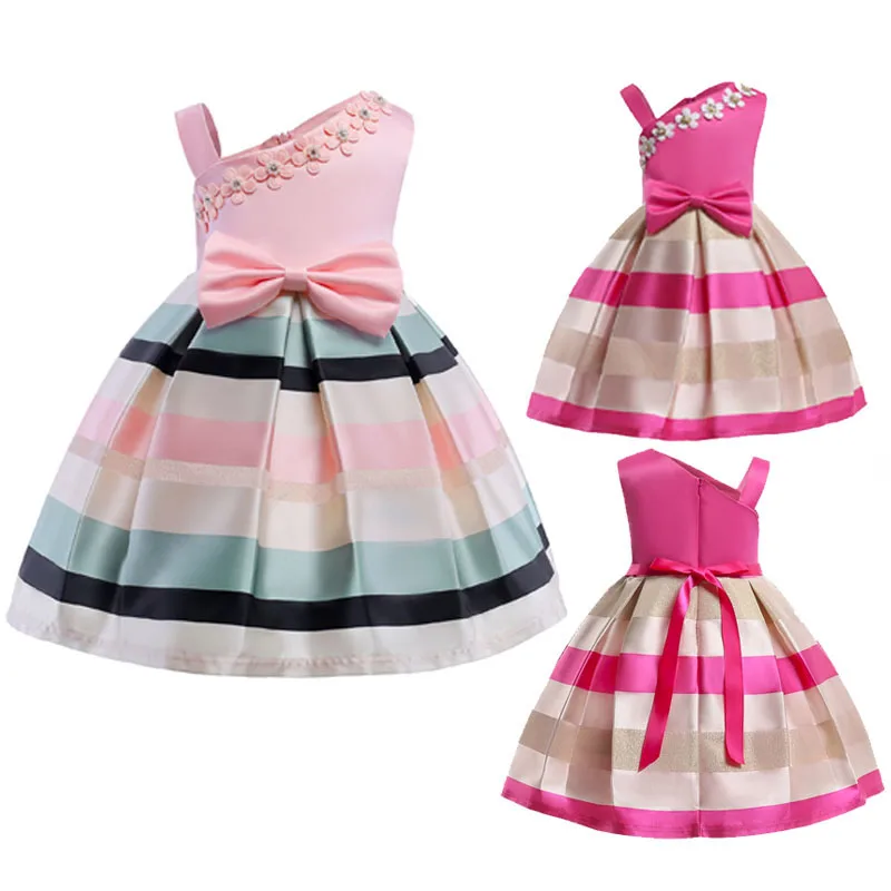 

Summer Dress GirNew Fashion Flower Girls Dresses Children Sleeveless Pink Wedding Party Dresses with Bow Kids Ball Gown