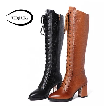 

WEIQIAONA New lace-up Genuine leather winter Women's luxurious Embossed knee-high boots Knight boots femal Fold Military boots