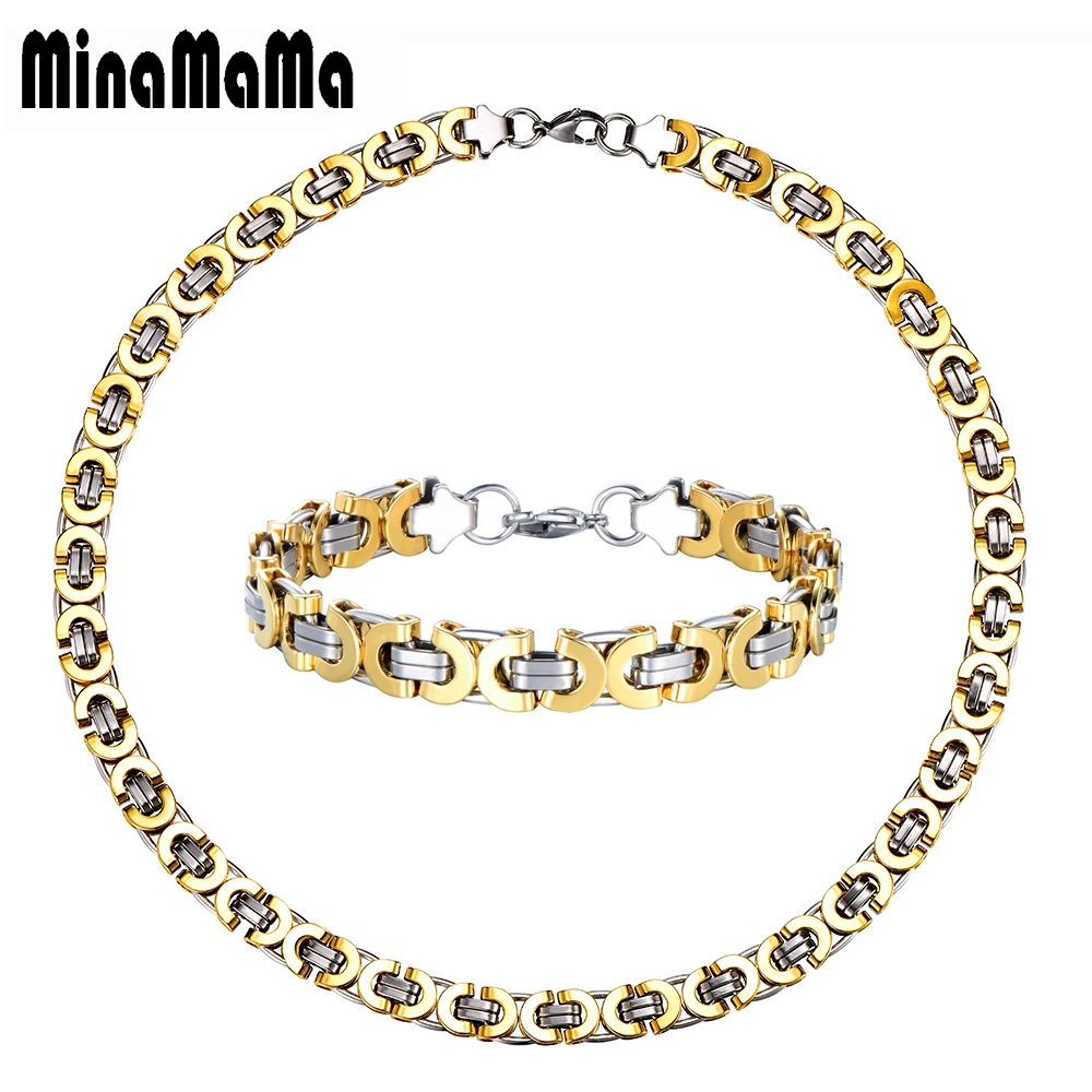 

Stainless Steel Jewelry Sets Gold Color Fashion Width Chains Link Bracelet And Necklace Set For Women Gift