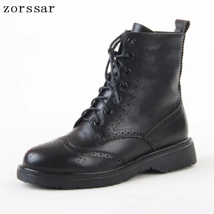 

{Zorssar} 2018 New winter Female shoes Booties Patent leather flat lace up ankle Motorcycle Boots fashion Military boots Women