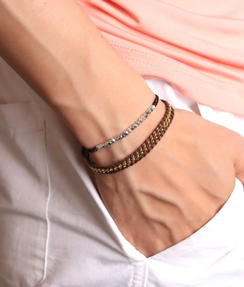 KELITCH 2 pcs//Set Stainless Steel Chain Waxed Cord Bracelet and Adjustable Thin String Rope
