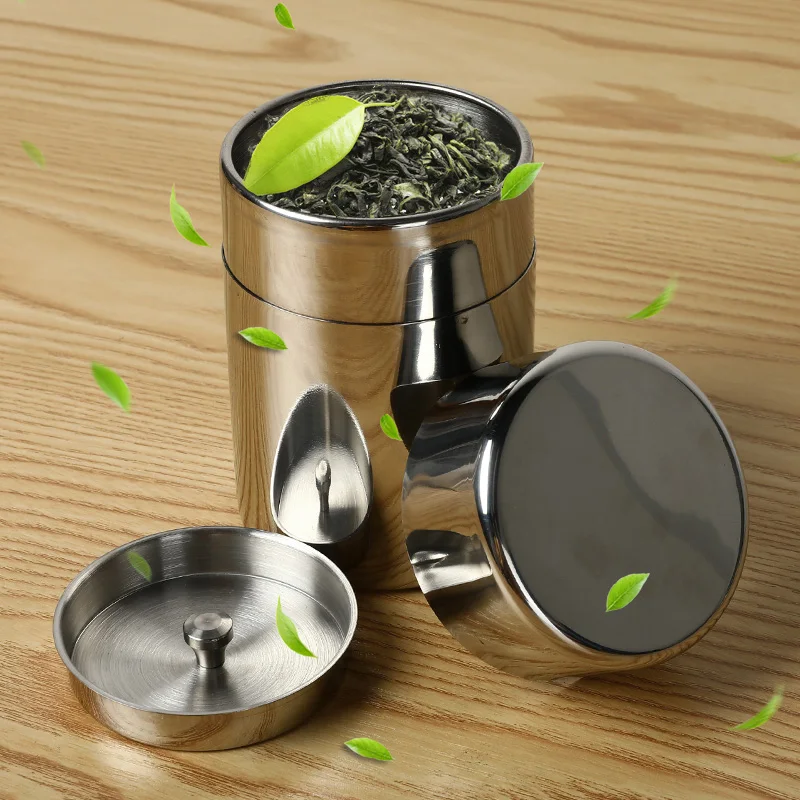 

1Pc 2 Size Stainless Steel Tea Canister Cans with Lid Mini Bottle Metal Cans Tea Pots Mini Sealed Canisters Travel Tea Box