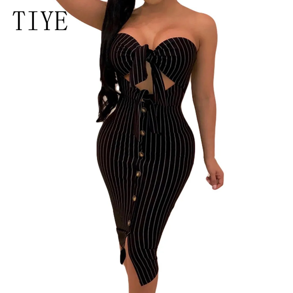 

TIYE Women Summer Bodycon Pencil Dress Sexy Strapless Hollow Out Strip Vintage Dress Femme Special Night Party Dress Ropa Mujer
