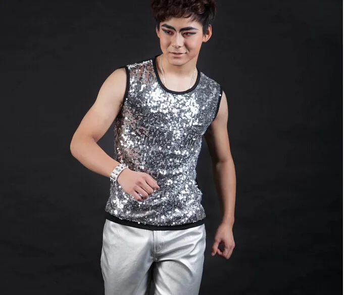 Модная мужская Тонкая рубашка без рукавов с блестками певец из ночного клуба DJ жилетка DS костюмированное оборудование шоу сценическая одежда