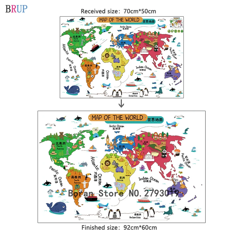 92*60 см мультфильм карта мира цветные настенные наклейки карта мира домашний декор для детей виниловые наклейки на стены для детской комнаты