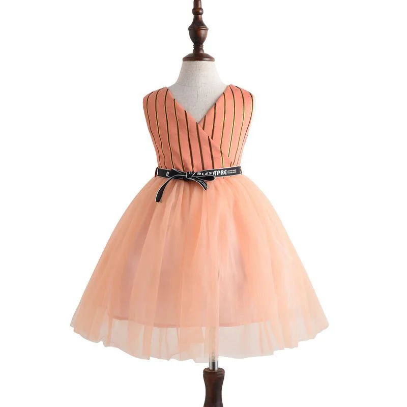 Платье для девочек; сезон лето-осень; костюм шоколадного цвета в европейском и американском стиле на День рождения; полосатая рубашка без рукавов; праздничное платье-пачка с бантом