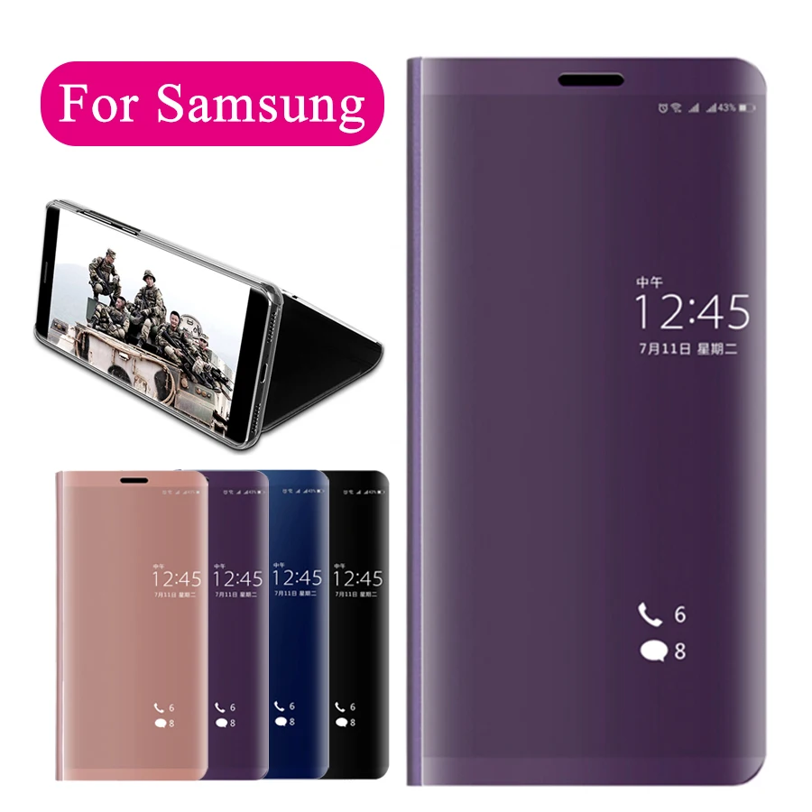 

Smart Flip Phone Case For Samsung s8 s9 s10 plus lite e Luxury Flip in Leather Stand Cases Clear Vision Cover Miirror samsun s 9