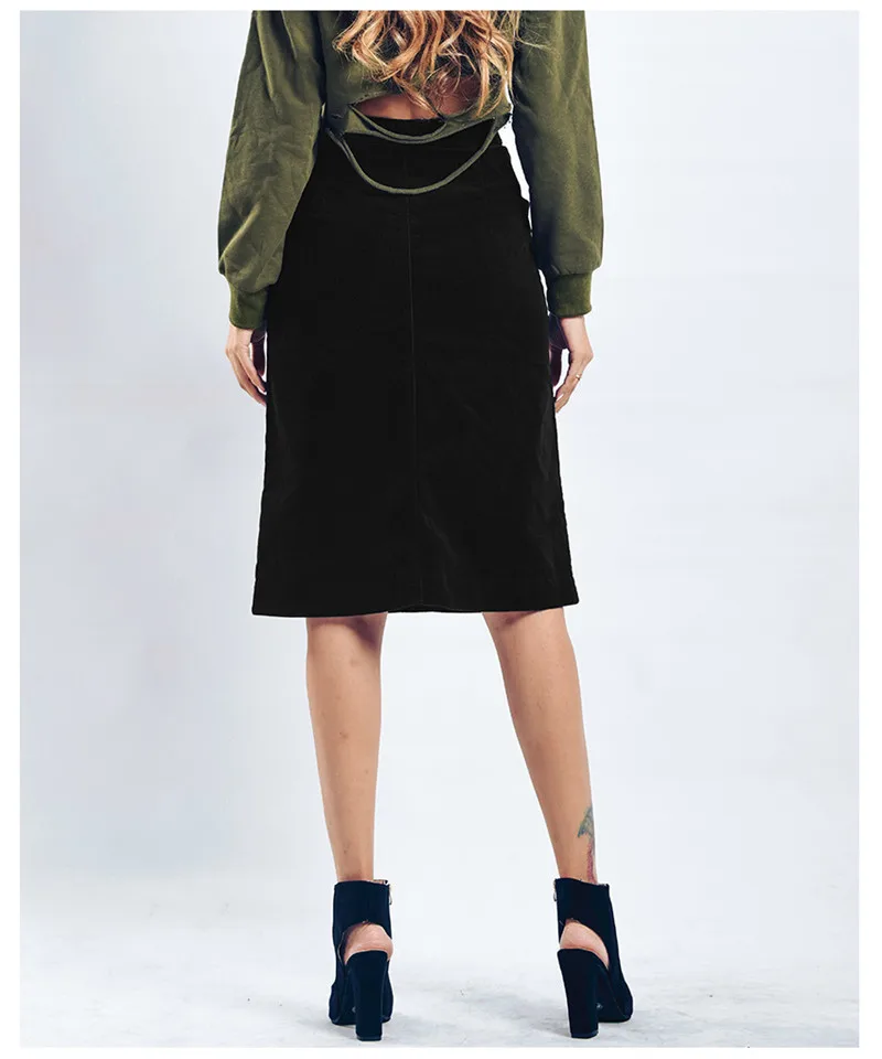 Autumn a-line skirt corduroy skirt in the long high waist slit skirt multi button pocket skirt (11)