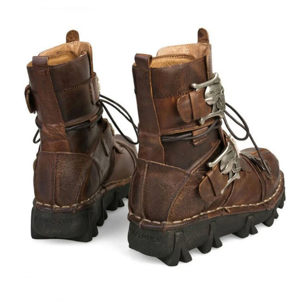 Mens Black Genuine Leather Military Army Boots Gothic Skull Punk Motorcycle Boots