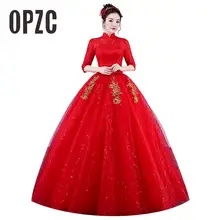 Настоящая фотография, свадебные платья,, высокий ворот, корейский стиль, красное романтическое кружевное платье принцессы с золотой вышивкой, Vestido De Novia