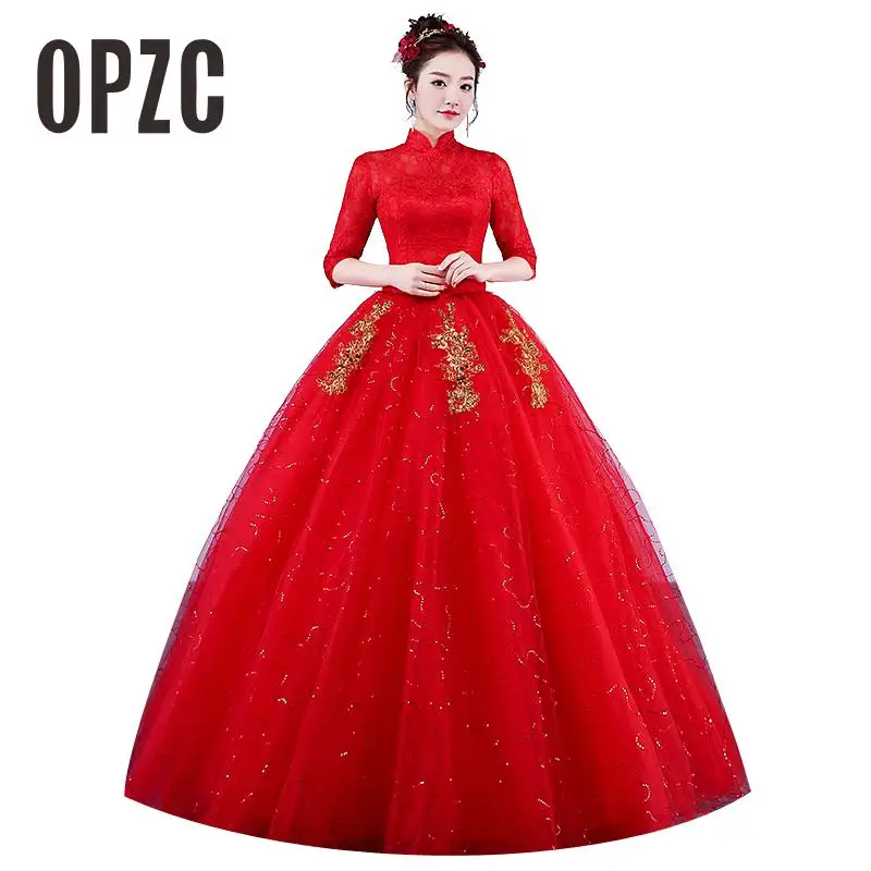 Real Photo Vintage Wedding Dresses 2022 High Neck Korean Style Red
