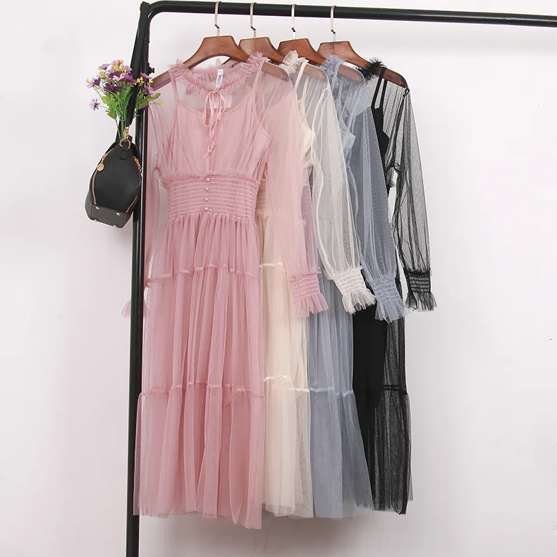 

HISUMA Women Summer Flare Sleeve Lace Up Bandage Mesh Gauze Ruffles Lace Bow Dress Elastic Slim Tulle Voile Pleated Button Dress