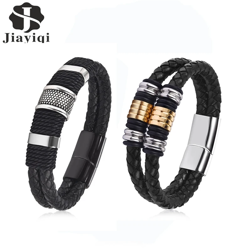 

Jiayiqi Punk Men Jewelry Braided Leather Bracelet Stainless Steel Magnetic Clasp Fashion Bangles 18.5cm Amazing Price