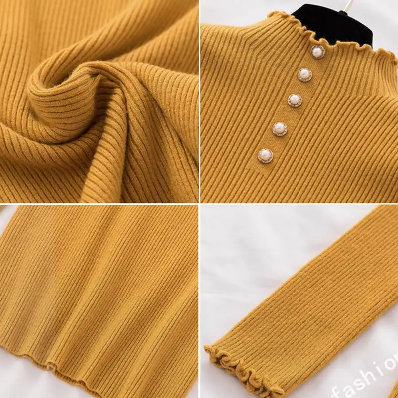 JEASS Winter Woman Sweater Knitting Pullovers Women Turtleneck Sweaters and Pullovers with Button High Elastic Solid Sweater
