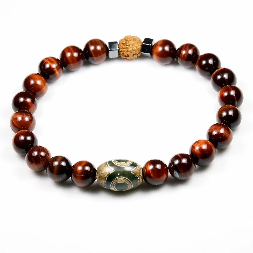 Bracelet Oeil de Tigre Rouge avec Rudraksha Bracelet Oeil de Tigre Rouge avec Rudraksha