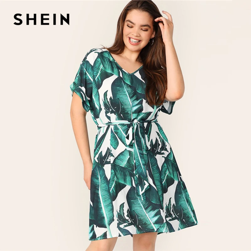 

SHEIN Plus V Neck Tropical Print Belted Dress Women Summer 2019 Tunic Boho Straight With Belt Plus Size Short Sleeve Dress