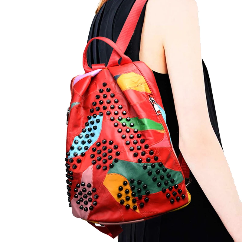 

Women Genuine Leather Backpack With Soft Handle Designer High Quality Sheep Skin Patchwork Rivet Backpacks For Travel bolsa