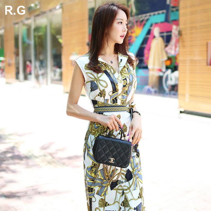 

Formal Business Floral Printing Sleeveless Women Dress Summer Dresses Sashes Deco Elegant Office Dress Lady vestidos mujer 2018