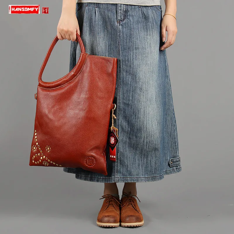

New First layer cowhide Women handbag rivet genuine leather female shoulder crossbody bag ladies retro portable Messenger bags