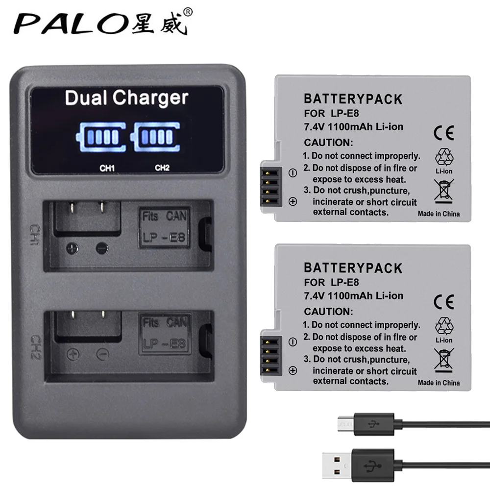 PALO 2Pcs LP-E8 LP E8 LPE8 1800mAh camera Battery + LED Dual Charger For Canon EOS 550D 600D 650D 700D Rebel T2i T3i T4i T5i