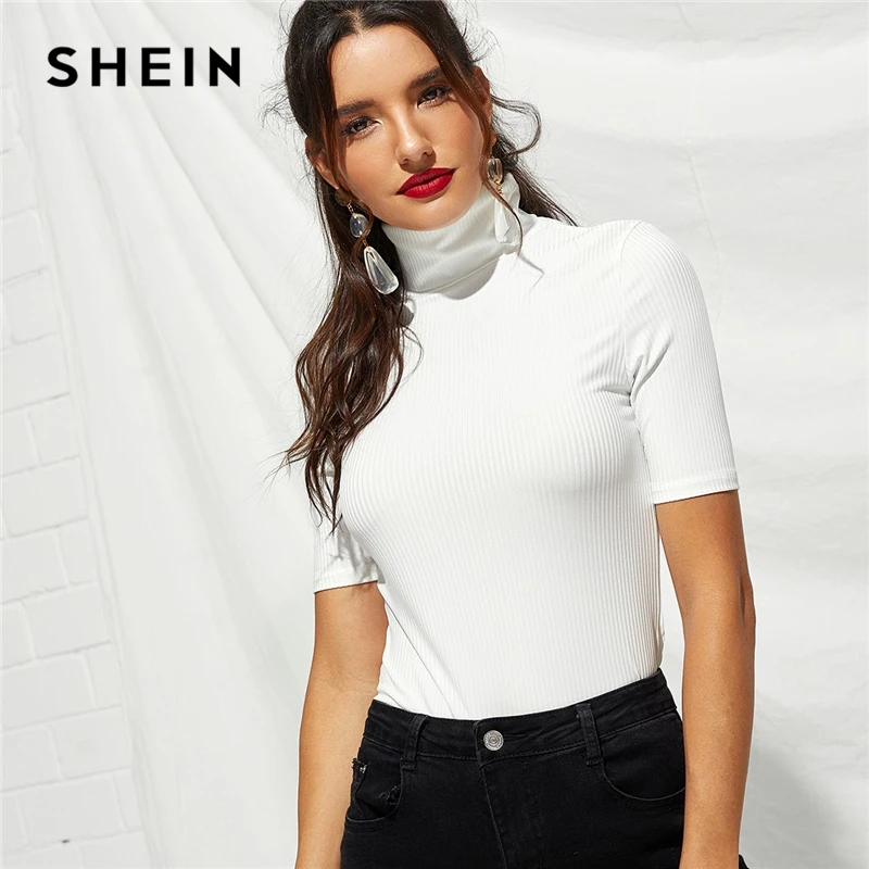 

SHEIN Weekend Casual White High Neck Rib Knit Pullovers Plain T-shirt 2018 Autumn Women Casual Slim Fit Short Sleeve T-shirt Top