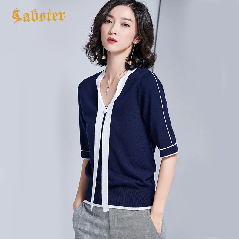 

Spring Summer Knitted Women T shirt Short Sleeves Casual Tees Top V-Neck Tshirt Slim Knitwear Female T-shirt kz549