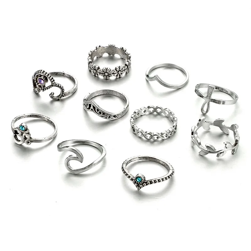 2018 10 قطعة/المجموعة النساء بوهيمية خمر خواتم فضة المكدس فوق المفصل خواتم مجموعة الأزرق البنت النساء هدية عرس حزب الحدث جوهرة