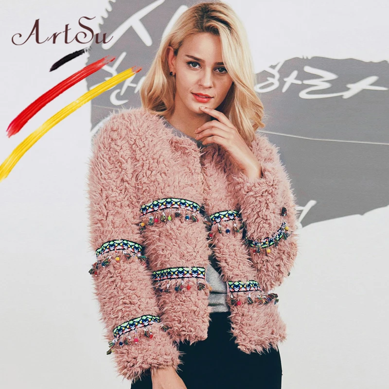 Artsu Gland À Bouclés Fourrure Taille Rose Plus Apricot Femmes Veste Dames De Abricot Hiver D'agneau Manches Faux rose Coloré Longues Manteau Outwear Ethnique 4w4qrnZa