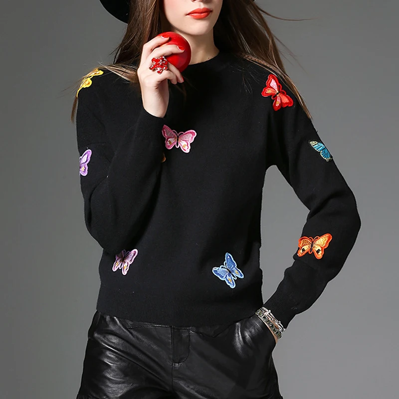 

Zuolunouba 2018 New Arrival Office Lady Flat Knitted Woman Sweater Black Butterfly O-neck Slim Pullovers Embroidery Solid Casual