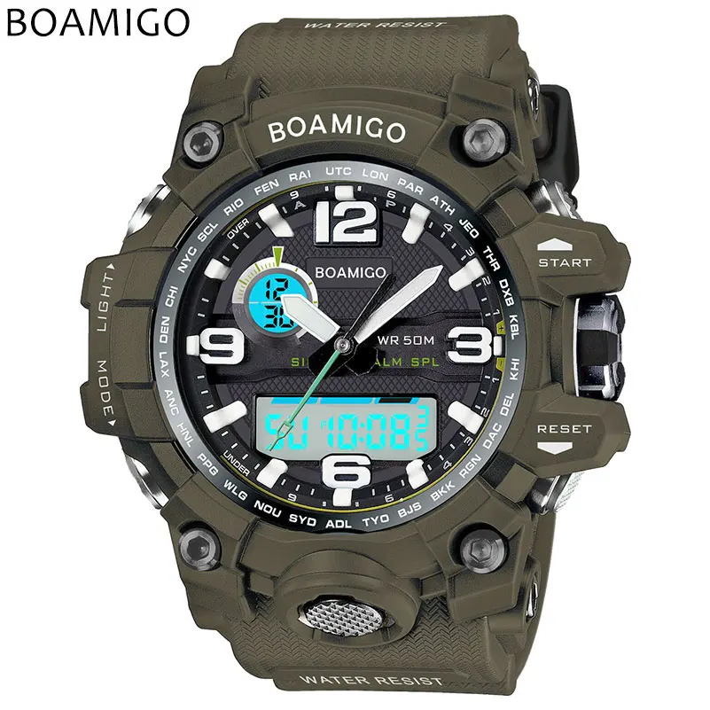 Acheter BOAMIGO marque hommes montres de sport double affichage analogique numérique LED Électronique montres à quartz 50 M étanche de natation montre F5100