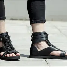 Сандалии-гладиаторы на плоской подошве; мужские летние сандалии с высоким берцем на шнуровке; повседневные Мокасины из натуральной кожи с пряжкой; Gommino; Вьетнамки; сандалии