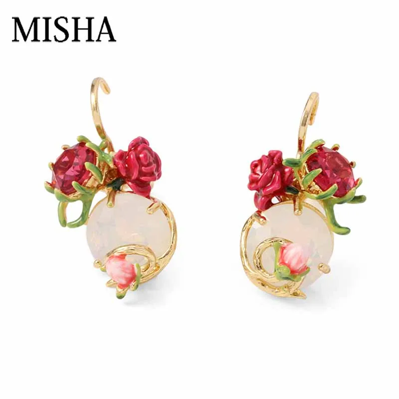 

MISHA 2019 Fashion Quality Hook Earrings Enamel glaze Simulation Gems Earrings roses stud earrings Chic wedding Fine Jewelry 698