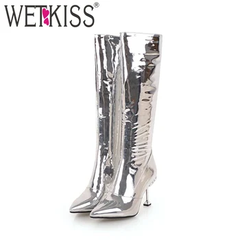 

WETKISS Winter Knee High Women Boots Pu Crystal Footwear Pointed Toe High Heels Party Female Shoes Woman Boots 2018 Plus Size