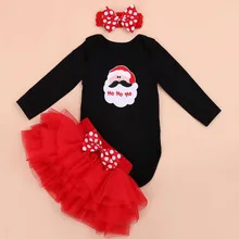 Комплект из 3 предметов, черная Рождественская одежда с длинными рукавами для маленьких девочек с изображением Санты Хо, юбка с пузырьками для детей от 0 до 24 месяцев