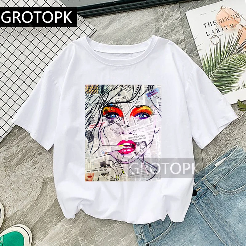 

Personality Newspaper Letter Prints Face Female T-shirt Summer Women Clothes 2019 Harajuku T Shirt Pop Art Aesthetic Tees Femme