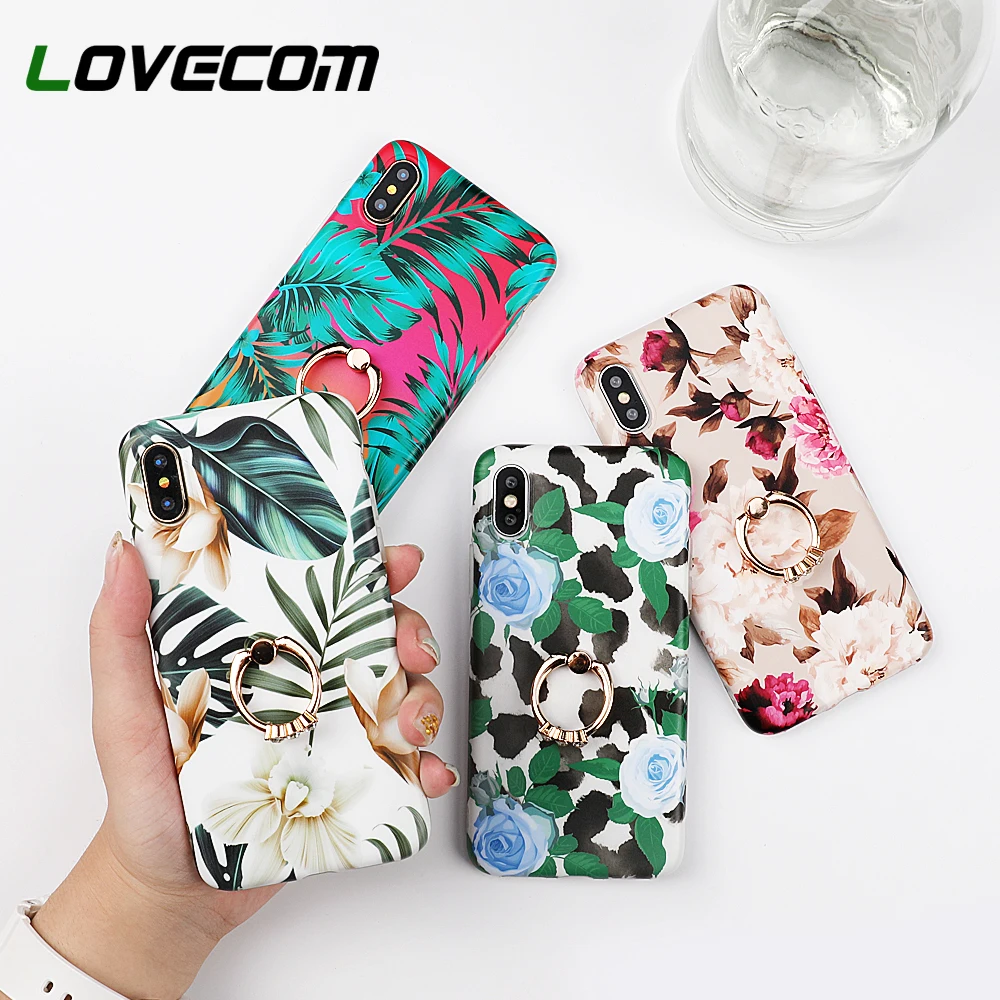 

LOVECOM Phone Case For iPhone 11 Pro XR XS Max 6 6S 7 8 Plus X Vintage Leaf Flower Soft IMD Back Cover Coque With Finger Ring