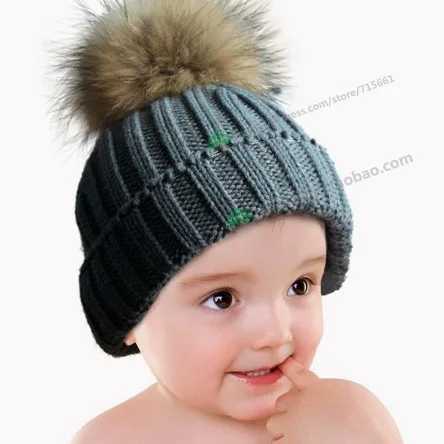 Детские модные зимние шапки с мехом енота, шапки с помпонами из натурального меха, шапка из натурального меха для детей