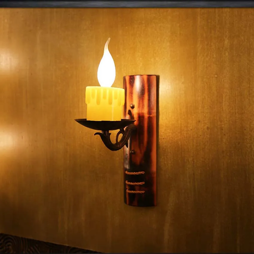 

Europea retro creative candle bamboo wall lamp,Resin lampholder Iron bracket bamboo vintage sconce for corridors cafe bar deco