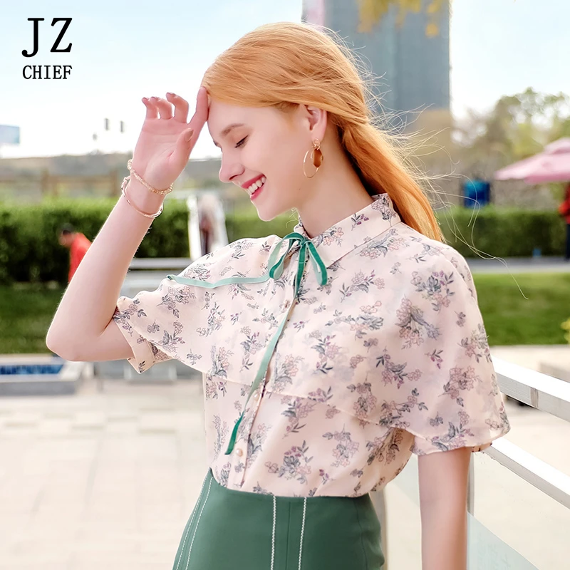 JZ CHIEF Floral Print Chiffon Blouse 2018 Summer Women