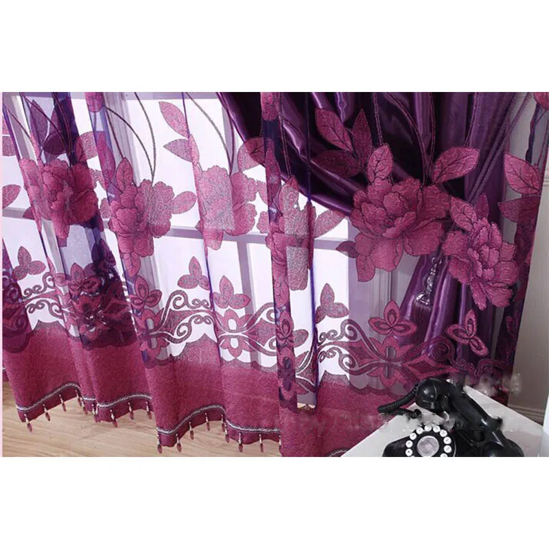 Фиолетовая занавеска из вуали для спальни, деревенский выгорающий цветок, готовая оконная занавеска, тюль для кухни, гостиной WP087C