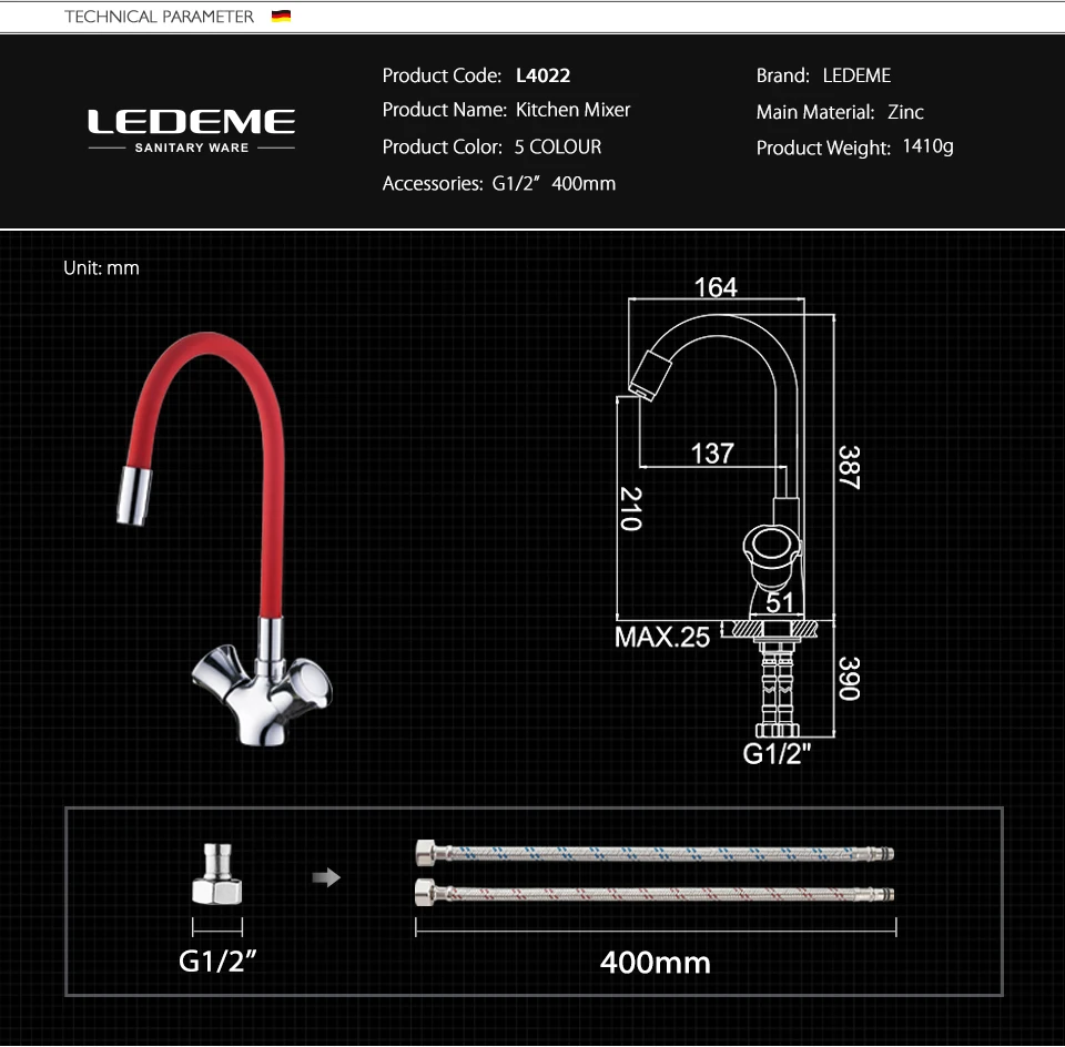 LEDEME Silica Gel Nose Any Direction Rotating Kitchen Faucet Cold and Hot Water Mixer Torneira Cozinha Double Handle Tap L4022