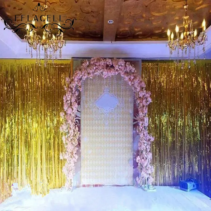 FFLACELL 1x2 Meters Gold Foil Fringe Tinsel Curtain Tassel Garlands