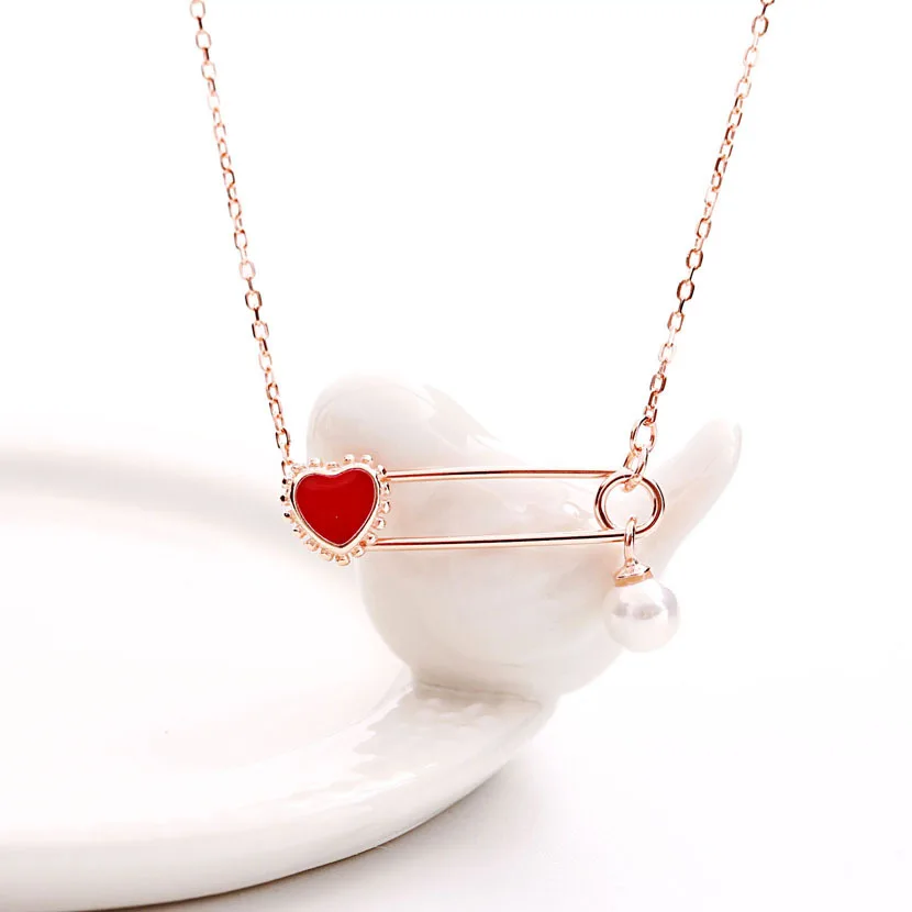 red heart pin pearl women 100% 925 Sterling silver nacklace Jewellery Clavicle chain pendant charms