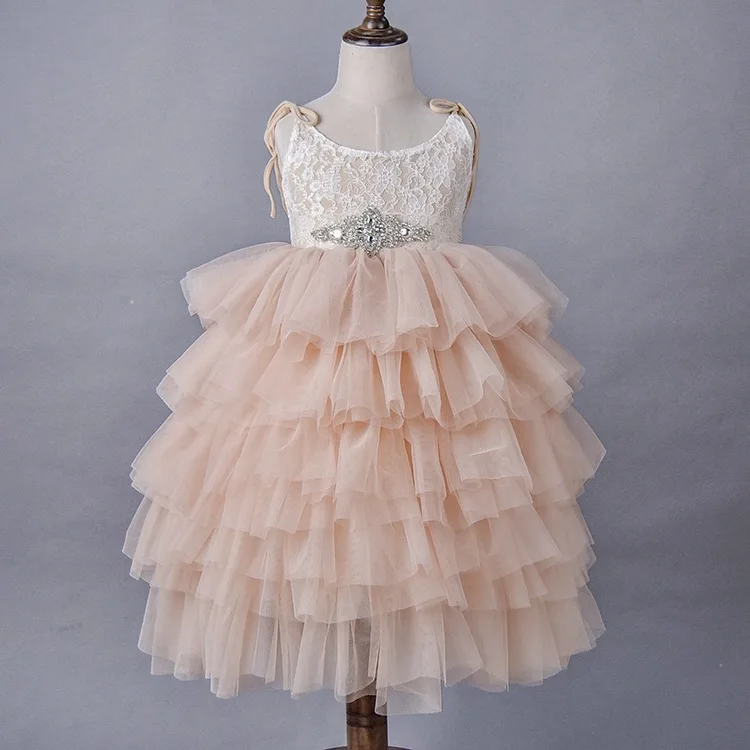 

2018 Summer New Girls Lace Princess Dress Children's Gauze Sling Kid Flower Dresses with Rhinestone Sashes