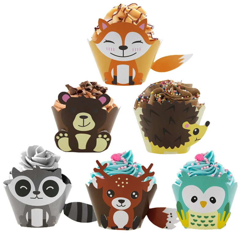 

12pcs/lot Cartoon Animal Owl Fox Cupcake Wrapper Kids Birthday Party Cake Supplies Baby Shower Dessert Table Decoration