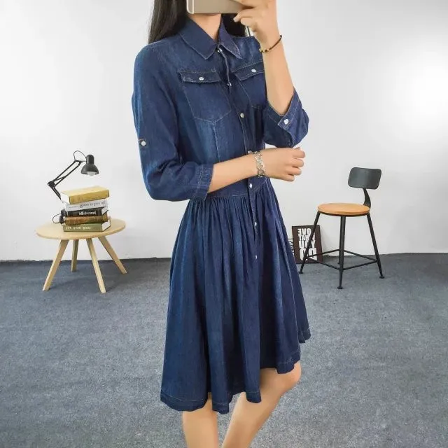 Three Quarter Sleeve One-Piece Denim Dress | Uniqistic.com