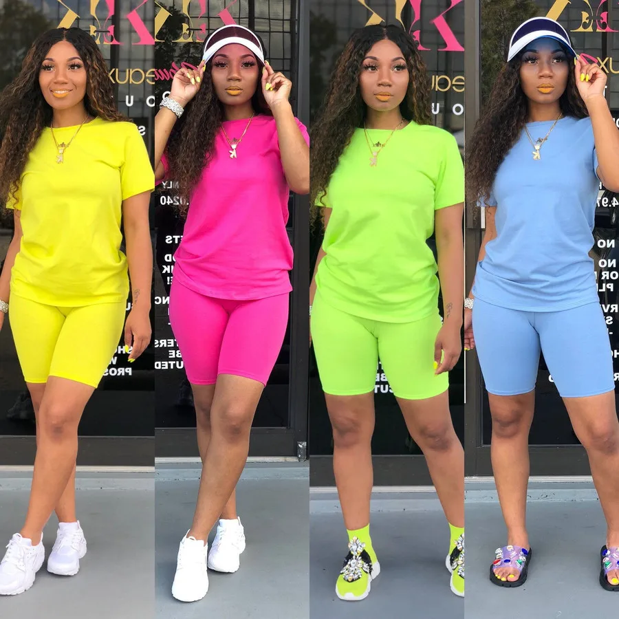 

2piece Set New Women Solid Sporting Casual Two Piece Set Short Sleeve Tee Top Above Knee Pants Suit Tracksuit Outfit 4 Color H70